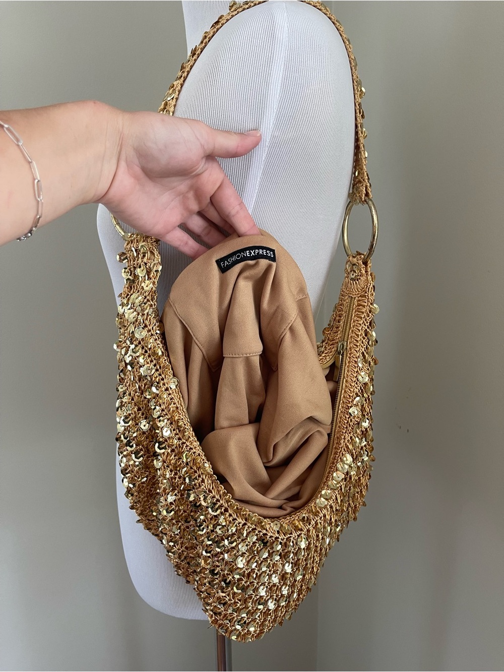 Fashion Express Gold Sequin Crochet Hobo Shoulder Bag Y2K - Picture 11 of 16